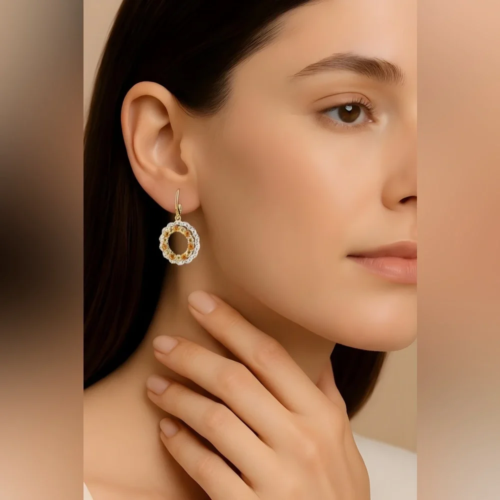 Citrine & White Topaz Circle Drop Earrings in 18K Gold plating over silver - Picture 8 of 8